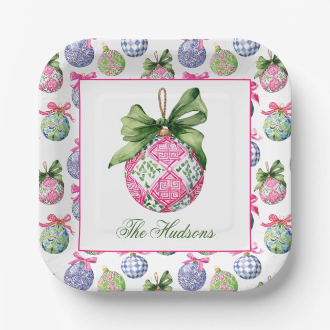 Preppy Christmas Baubles Ornaments Personalised Paper Plate (Front)