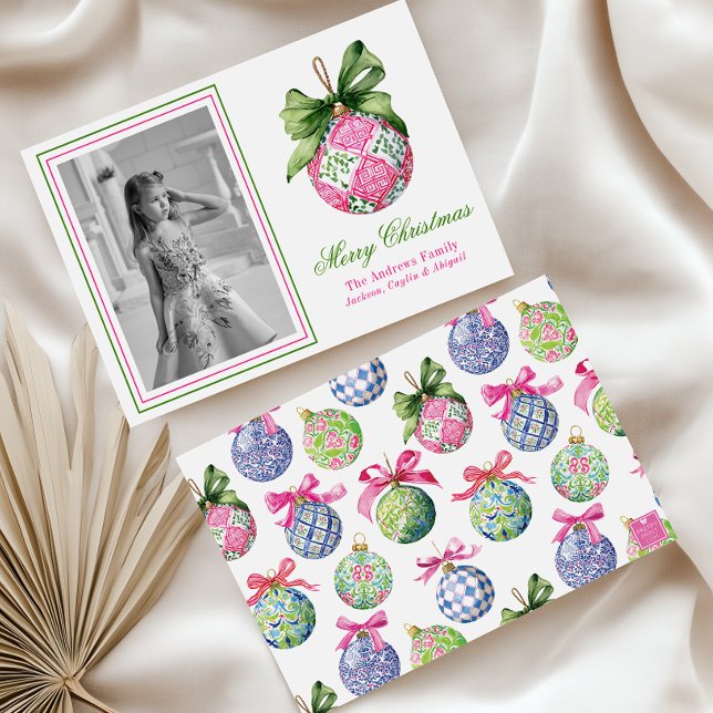 Preppy Christmas Baubles Ornaments Photo Holiday Card (Creator Uploaded)