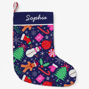 Preppy Christmas Characters with bows on dark blue Small Christmas Stocking