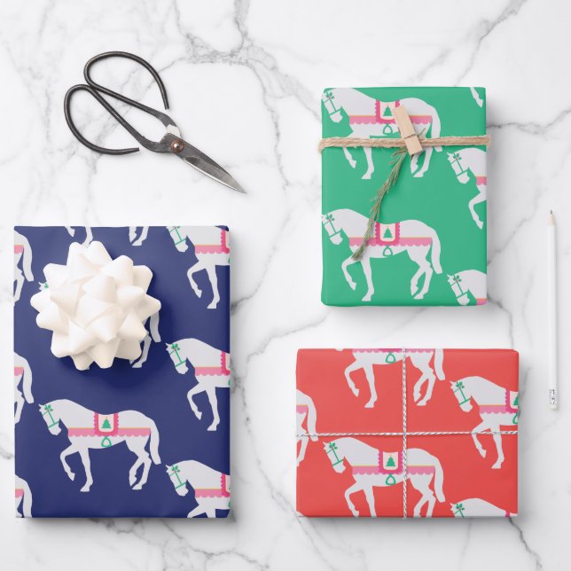 Preppy Christmas Horse Set of 3 Wrapping Paper Sheet (Front)