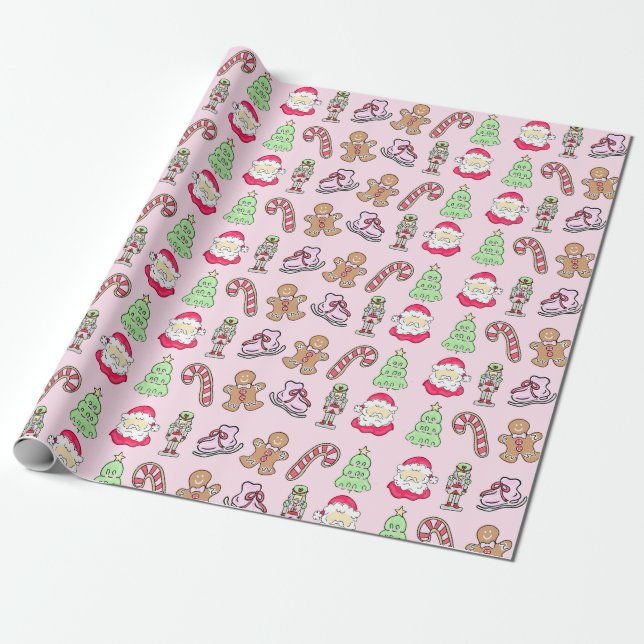 Preppy Christmas Icons Soft Pink Wrapping Paper (Unrolled)