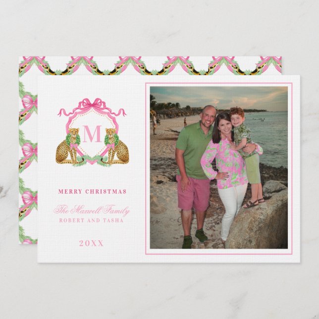 Preppy Christmas Leopard Crest Monogram  Invitation (Front/Back)