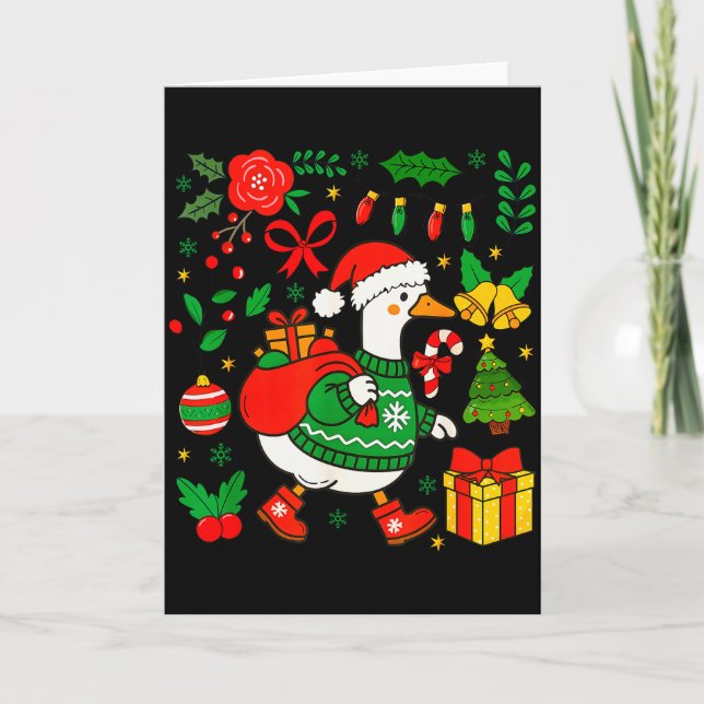 Preppy Christmas Santa Gooses Bow Xmas Tree Funny  Card (Front)