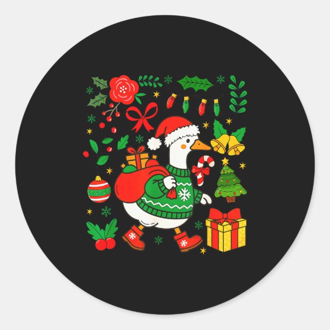 Preppy Christmas Santa Gooses Bow Xmas Tree Funny  Classic Round Sticker (Front)