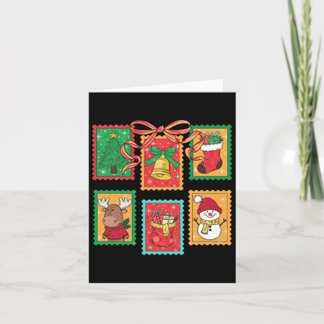 Preppy Christmas Stamps Coquette Bow Reindeer Xmas Card (Front)