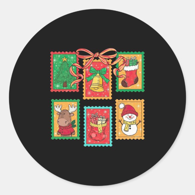 Preppy Christmas Stamps Coquette Bow Reindeer Xmas Classic Round Sticker (Front)