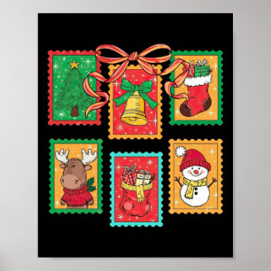 Preppy Christmas Stamps Coquette Bow Reindeer Xmas Poster