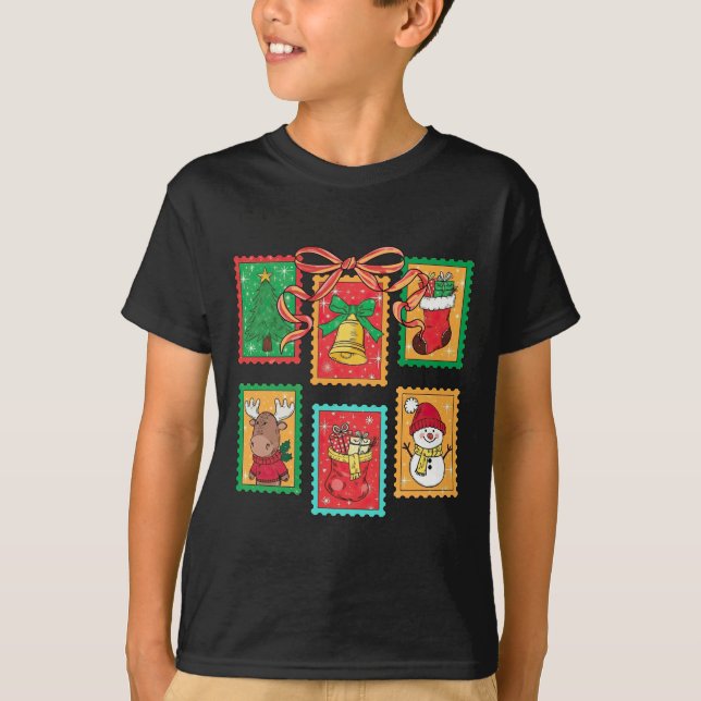 Preppy Christmas Stamps Coquette Bow Reindeer Xmas T-Shirt (Front)