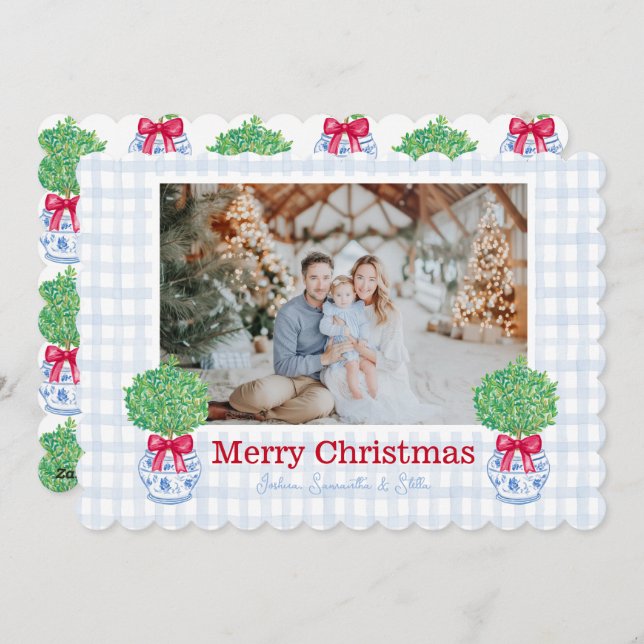 Preppy Christmas Topiary Chinoiserie Pot Bow Holiday Card (Front/Back)