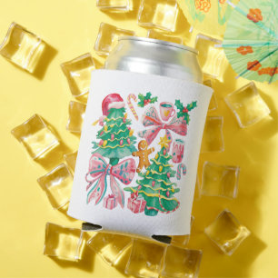 Preppy Christmas Tree Bow Pink Blue Coquette Can Cooler
