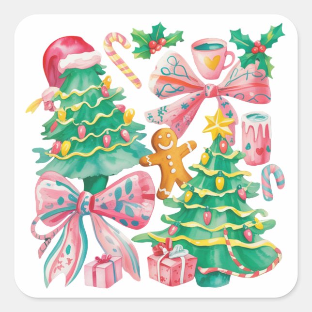 Preppy Christmas Tree Bow Pink Blue Coquette Square Sticker (Front)