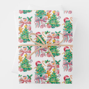 Preppy Christmas Tree Bow Pink Blue Coquette Wrapping Paper Sheet