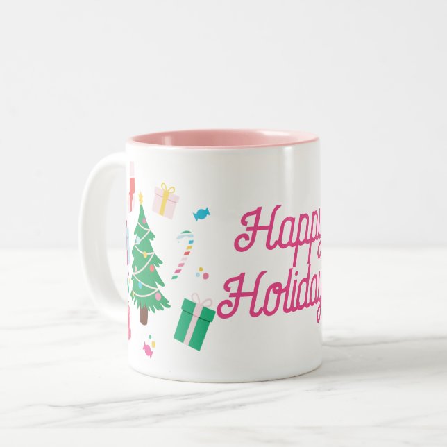 Preppy Christmas Tree Holiday Two-Tone Coffee Mug (Front Left)