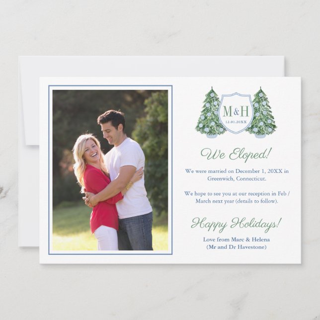 Preppy Christmas Tree Monogram Holidays Elopement  Announcement (Front)