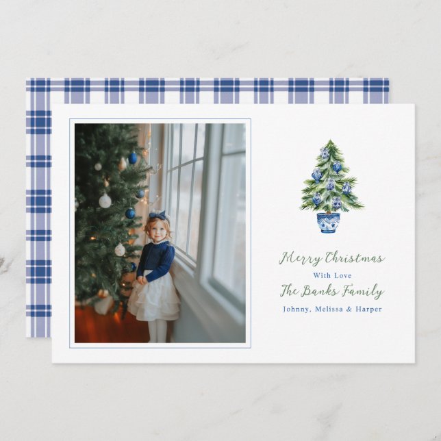 Preppy Christmas tree with Chinoiserie Ornaments Holiday Card (Front/Back)