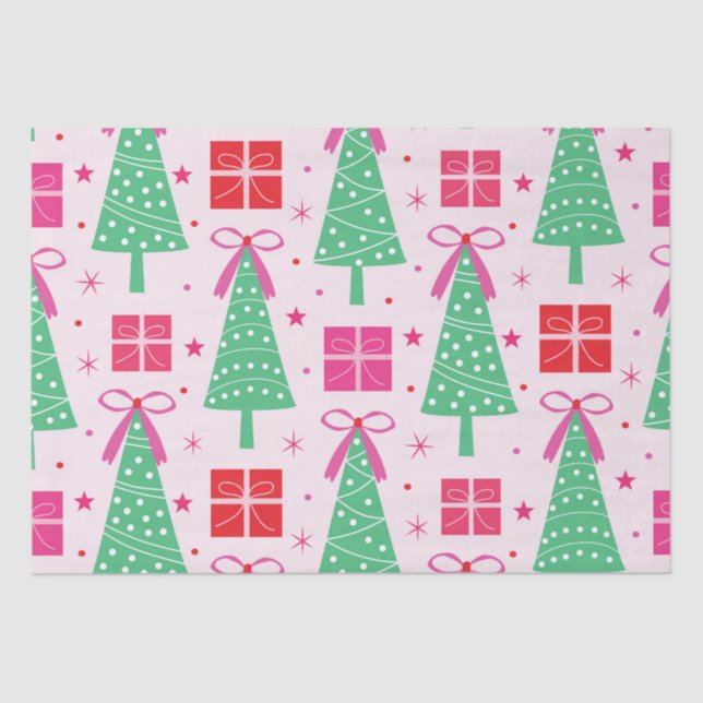 Preppy Christmas Trees with Pink Bows and Gift Box Tissue Paper (Front)