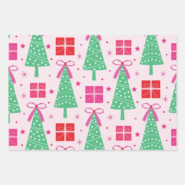Preppy Christmas Trees with Pink Bows and Gift Box Wrapping Paper Sheet (Front)