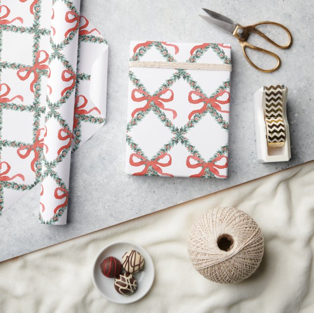 Preppy Christmas Trellis with Red Bows  Wrapping Paper (Crafts)