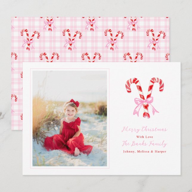 Preppy Christmas Watercolor Candy Canes Pink Bows Holiday Card (Front/Back)