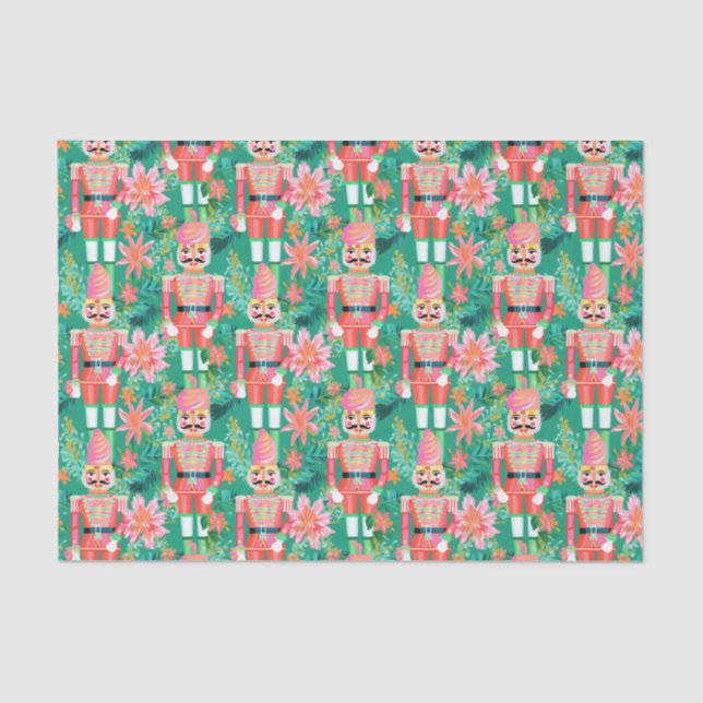Preppy Christmas Watercolor Pink Green Nutcracker Tissue Paper (Front)