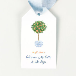 Preppy Citrus Orange Sky Blue Topiary Tree Hostess Gift Tags