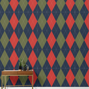 Preppy Classic Argyle Navy, Barn Red & Army Green Wallpaper
