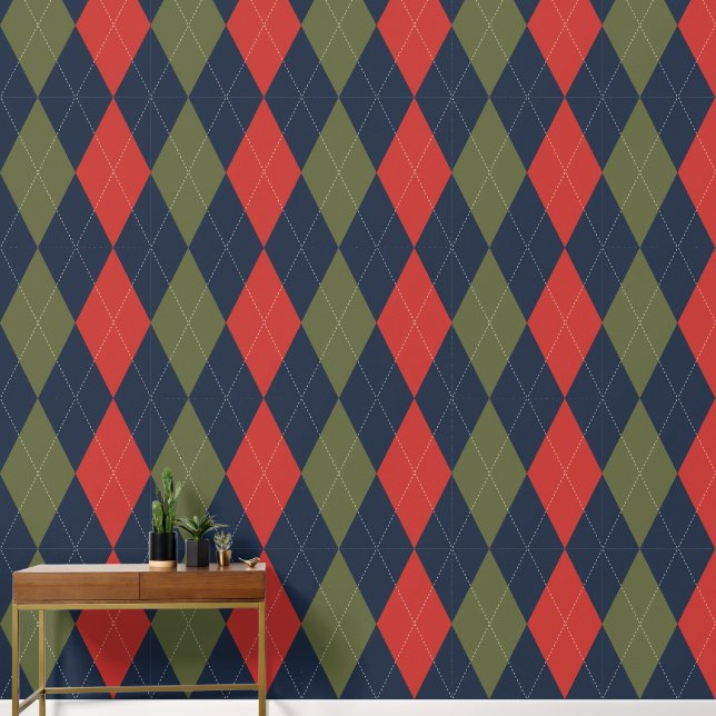 Preppy Classic Argyle Navy, Barn Red & Army Green Wallpaper (Hallway)