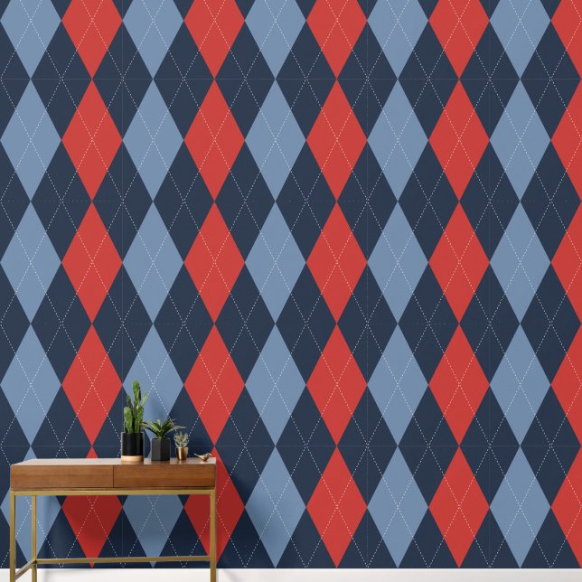 Preppy Classic Argyle Navy, Barn Red & Smoke Blue Wallpaper (Hallway)