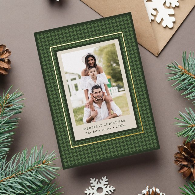 Preppy Classic Green Houndstooth Christmas Photo Foil Holiday Card (preppy, classic Christmas photo card with green houndstooth pattern and gold border)