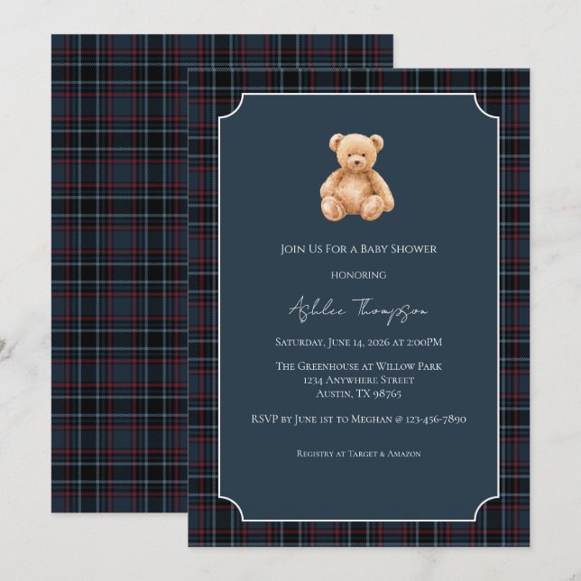 Preppy Classic Teddy Bear Baby Shower Invitation (Front/Back)
