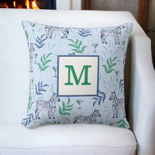 Preppy Classic Zebras and Martinis Blue Monogram  Cushion