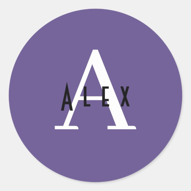 Preppy Classy Purple Monogram Name + Initial Classic Round Sticker (Front)