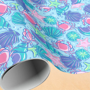 Preppy Coastal Beach Shells and Pink Crabs Wrapping Paper