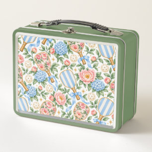 Preppy Coastal Chic Pickleball Blue & Blush Pink Metal Lunch Box