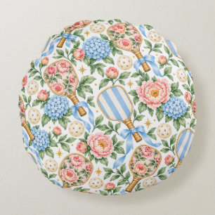 Preppy Coastal Chic Pickleball Blue & Blush Pink Round Cushion