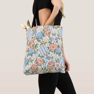 Preppy Coastal Chic Pickleball Blue & Blush Pink Tote Bag
