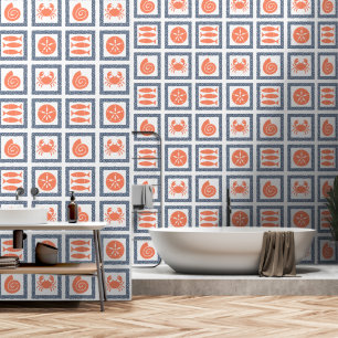 Preppy Coastal Greek Key Navy & Coral Wallpaper