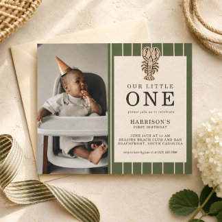 Preppy Coastal Lobster First Birthday Photo Invitation