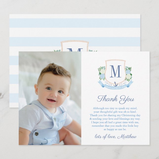 Preppy Coastal Monogram Baby Boy Christening Photo Thank You Card (Front/Back)