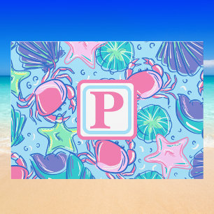 Preppy Coastal Monogram Shells Pink Crab Blue Postcard