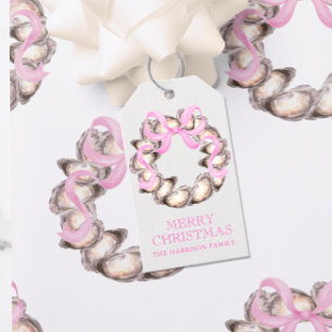 Preppy Coastal Oyster Bow Wreath Christmas Gift Tags