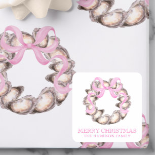 Preppy Coastal Oyster Bow Wreath Christmas Square Sticker