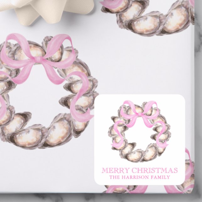 Preppy Coastal Oyster Bow Wreath Christmas Square Sticker (Creator Uploaded)