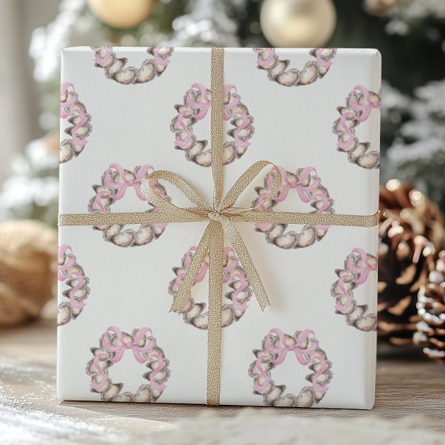 Preppy Coastal Oyster Bow Wreath Christmas Wrapping Paper (Creator Uploaded)