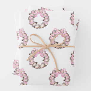 Preppy Coastal Oyster Bow Wreath Christmas Wrapping Paper Sheet