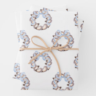 Preppy Coastal Oyster Bow Wreath Christmas Wrapping Paper Sheet