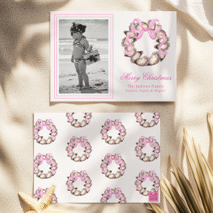 Preppy Coastal Oyster Bow Wreath Photo Holiday Card