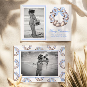 Preppy Coastal Oyster Bow Wreath Photo Holiday Card