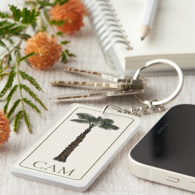 Preppy Coastal Palm Tree Monogram Key Ring (Front Right)