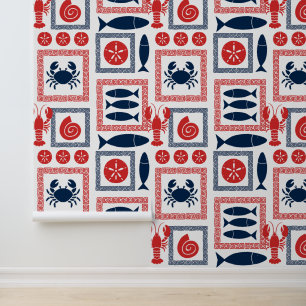 Preppy Coastal Patchwork Red & Navy Wallpaper